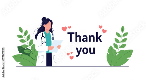 Female doctor expressing gratitude with a thank you message, surrounded by hearts and green foliage, symbolizing appreciation for healthcare professionals.
