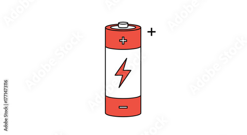 A line art illustration of a red and white cylindrical battery featuring a lightning bolt symbol and clear positive and negative polarity markings.