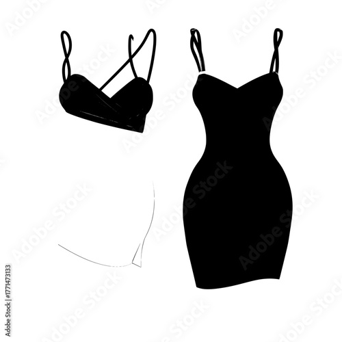 Technical drawing template for a mini dress includes a draped dress with cutouts, straps, and an asymmetric design, in white and blue, with views from the front and back