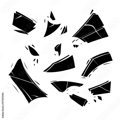 Realistic illustrations of exploding glass and shattered mirror fragments are presented in a modern set, complete with sharp debris elements and broken crystal or ice pieces