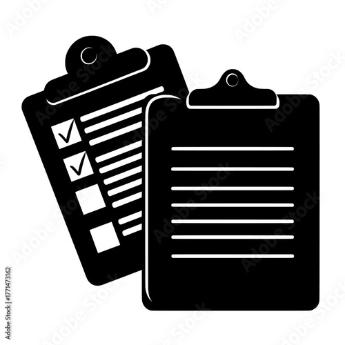 Modern flat design icons feature various documents and paper, including a checklist, a document with a paper clip, and one on a paper holder with a clipboard