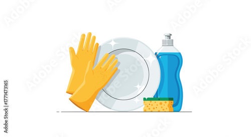 Dishwashing supplies featuring rubber gloves, a sparkling clean plate, blue dish soap, and a sponge for household cleaning.