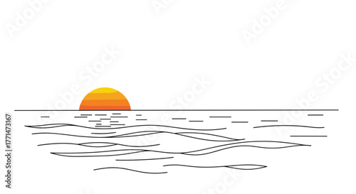 Simple line art illustration of a colorful sunset over the ocean, featuring a partially submerged sun and calm waves with reflections.