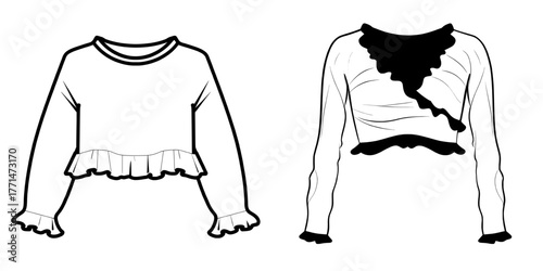 Modern technical drawing template design for a fashion top featuring a V neck, ruffles, and gathering details at the waist and sleeves