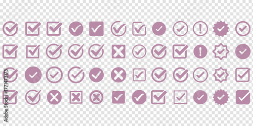 Check tick mark icon set. Cross box x check mark checkbox v list vector draw hand drawn sketch doodle brush marker checklist symbol wrong right circle. Vector Illustration