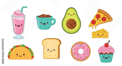 A cheerful assortment of kawaii-style food and drink characters, illustrated with happy faces on a white background.