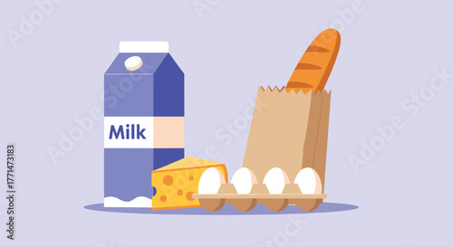 Minimalist flat design illustration of essential daily grocery items, including milk, cheese, eggs, and bread, against a soft blue background.