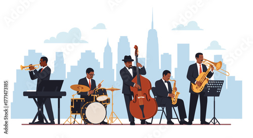 The vibrant energy of a live jazz band performing in the city with soulful melodies and captivating rhythms that move your spirit