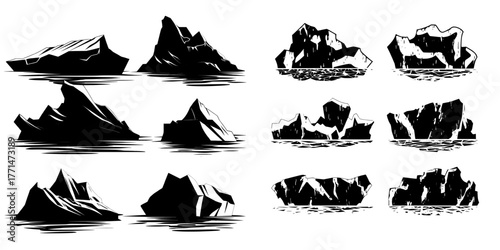 Isolated ice floes are depicted in a modern cartoon illustration on a background, with abstract shapes of frozen iceberg pieces designed for snowy winter landscapes, north pole game platforms, and