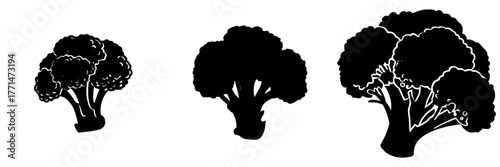 A broccoli is depicted in isolation on a white background, represented as a vegetable in a flat style