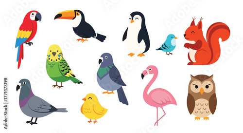 A delightful collection of cute cartoon birds and a playful squirrel illustrated on a clean white background.