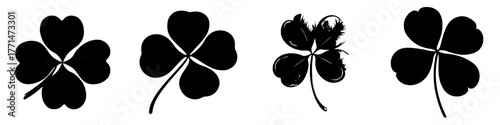A monochrome green flat-style botanical illustration of a four-leaf clover, representing good luck and magic, is perfect for St. Patrick's Day, and can be used for wallpaper, fabric, or wrapping