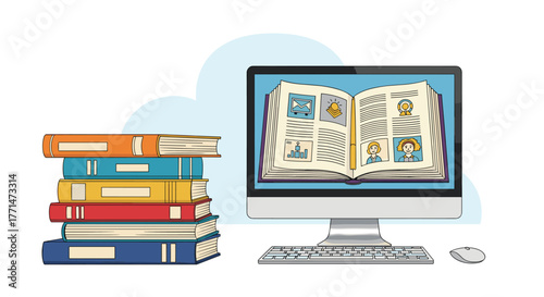 A stack of colorful physical books stands next to a desktop computer displaying a digital e-book, symbolizing traditional and modern learning.