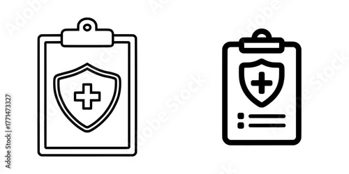 The icon for a hospital diagnostic document is depicted in a simple outline style, showcasing a clipboard with a shield that embodies health diagnosis, insurance, and medical concepts, all