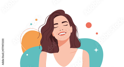 An illustration of a joyful woman with her eyes closed, beaming with a wide smile, reflecting happiness and inner peace.
