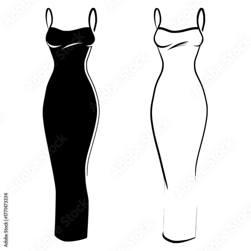 The technical fashion illustration provided includes a Slip Dress and a Godet Maxi Dress fashion flat template, characterized by its slim fit, side zipper, straps, and detailed front and back views,