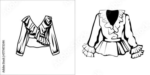 The technical fashion illustration features a ruffle top and a ruffle blouse fashion flat technical drawing template with details such as v-neck, balloon long sleeve, and peplum in white for women