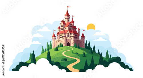 A beautiful fairytale castle with red roofs and flags stands proudly atop a winding green hill under a sunny sky.