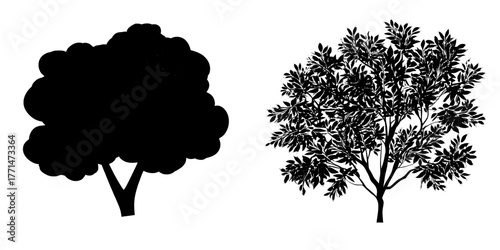 The background features a modern eco-friendly green bush tree with a simple flat cartoon texture and a shrub, set amidst an abstract nature design with an organic pattern, depicting a forest