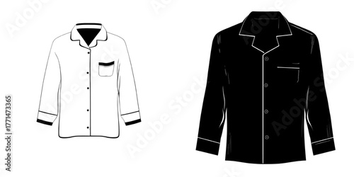 A flat sketch illustration drawing of men's long sleeves pajama shirt is available as a lounge pyjama woven night wear shirt template for sleep wear and casual fashion