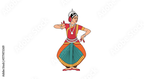 An elegantly posed Bharatanatyam dancer performs a classical Indian dance, showcasing traditional attire and graceful mudras.