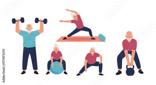 Cheerful senior adults demonstrating a range of exercises like yoga, dumbbell lifts, and kettlebell swings for an active lifestyle.
