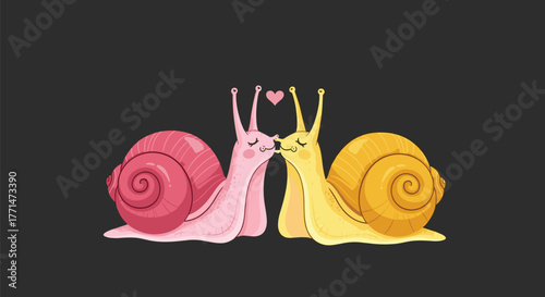 Two adorable cartoon snails, one pink and one yellow, share a tender kiss with a heart above them, on a dark background, symbolizing love.
