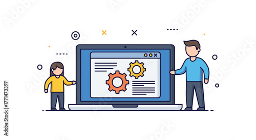 Two developers or IT professionals collaborate on a laptop displaying a software configuration interface with gear icons.