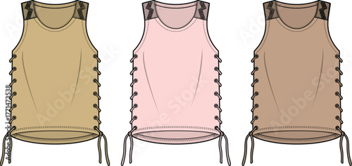 Vector illustration set of women's sleeveless tops featuring adjustable side lacing and decorative straps, a fashion flat technical sketch