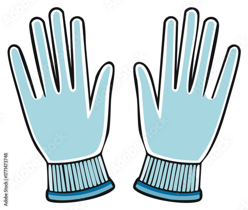 Cartoon Illustration of Two Blue Protective Gloves with Outline