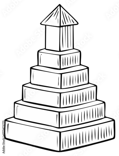 Monochrome tiered structure line art illustration Pyramid tower construction with multiple stages