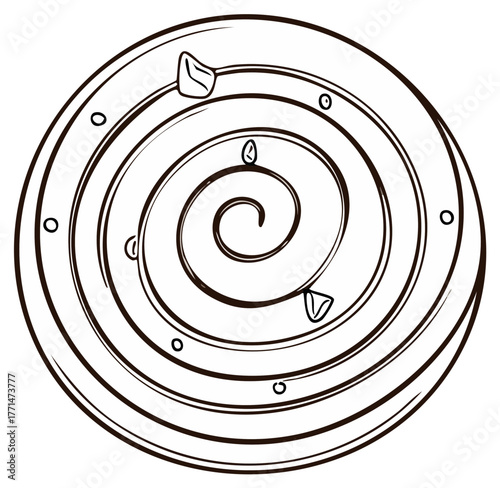 Hand drawn cinnamon roll with raisins sketch vector illustration top view