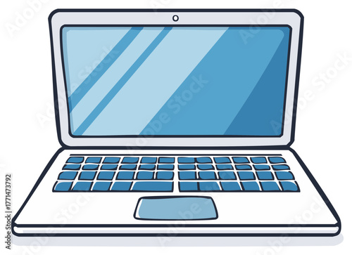 Open laptop with a blue screen and keyboard illustrated with cartoonish lines