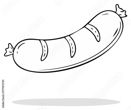 Line art drawing of a German sausage, showing cooking marks, rendered with thick lines and cartoon design