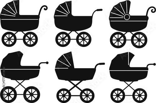Baby strollers vector set collection design for newborn transportation editable vector