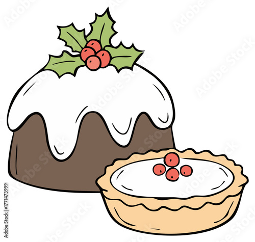 Festive Christmas Pudding and Mince Pie with Holly Decoration Illustration