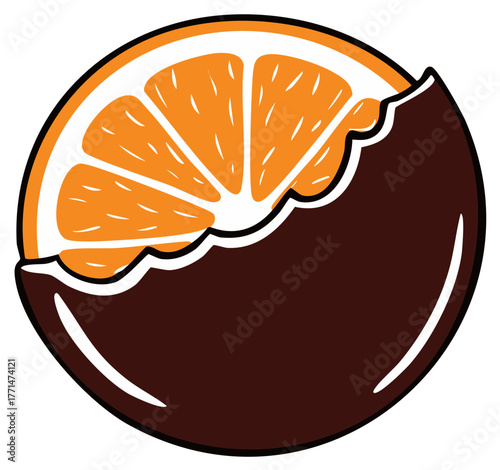 Orange slice dipped in chocolate, isolated graphic illustration.