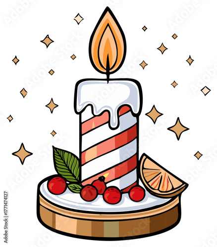 Festive striped candle with berries, citrus slice, stars illustration