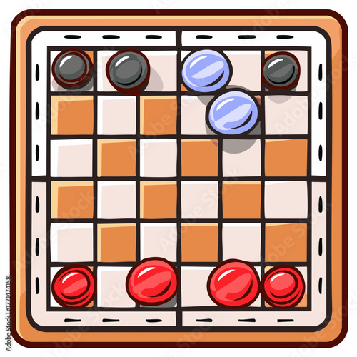 Classic strategy board game with colorful checkers pieces, top-down view illustration