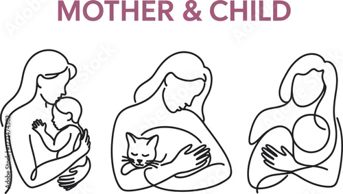 Motherhood line art vector illustration mother child and cat love editable vector