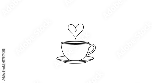 Coffee cup with steam forming a heart, line art style
