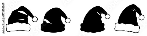 a monochrome silhouette set of santa claus hats with pom poms and furry trim