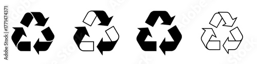 four variations of the universal recycling symbol in black and white