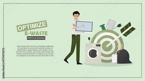 Optimize E-Waste Processing. Professional optimizing e-waste processing, with electronics, recycling symbols, and targets. Electronics waste. E-waste concept. Flat design. Vector illustration