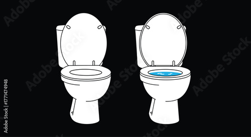 Plumbing cartoon showing side-by-side toilets, one with blue water, perfect for sanitation or hygiene awareness campaigns online