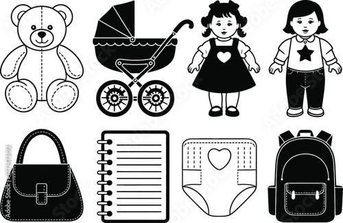 Baby items vector icons set teddy bear stroller and more vectors editable vector