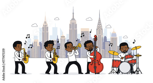 Groovy jazz band playing in vibrant New York City, perfect for music lovers and city life enthusiasts, great for event promotions and creative projects