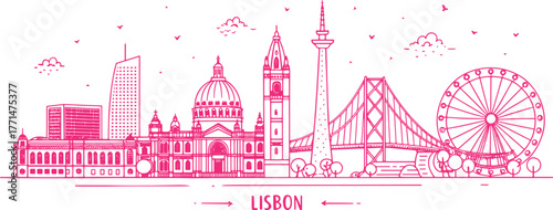 Lisbon Skyline Sketch with Cultural Landmarks for Tourism and Travel Promotion – Hand-drawn Cityscape Featuring Belem Tower, 25 de Abril Bridge, Alfama, Jerónimos Monastery