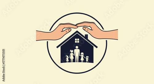 Family home protection symbol with loving hands offering safety and security, ideal for insurance, adoption, or support services
