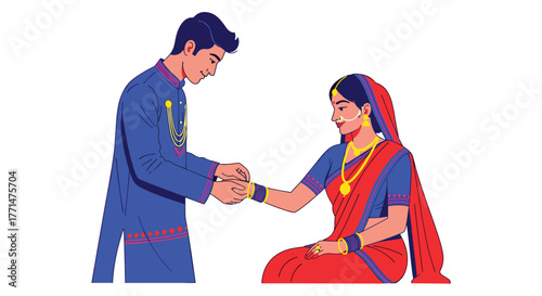 Elegant groom placing bracelet on his beautiful bride during a traditional Hindu wedding ceremony, celebrating love and commitment with vibrant colors